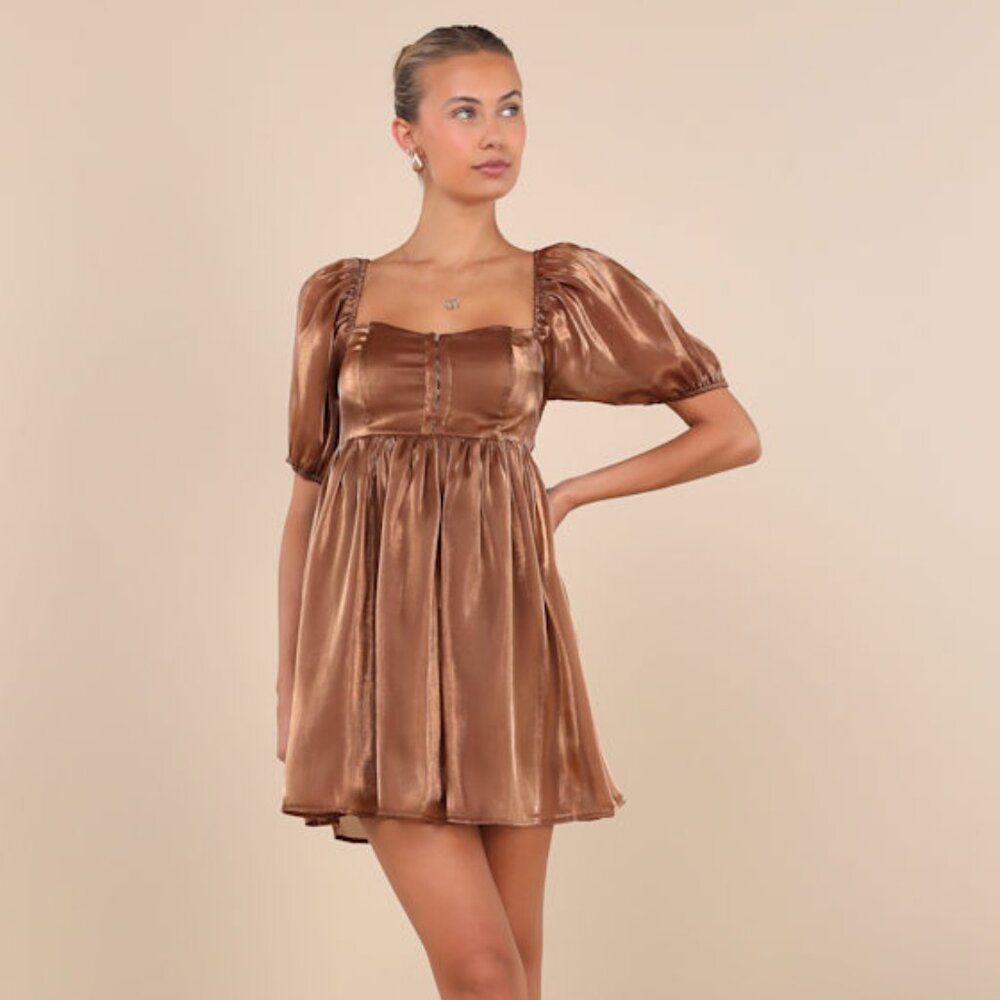 Lulus Desired Delight Brown Puff Sleeve Babydoll Mini Dress - Size L